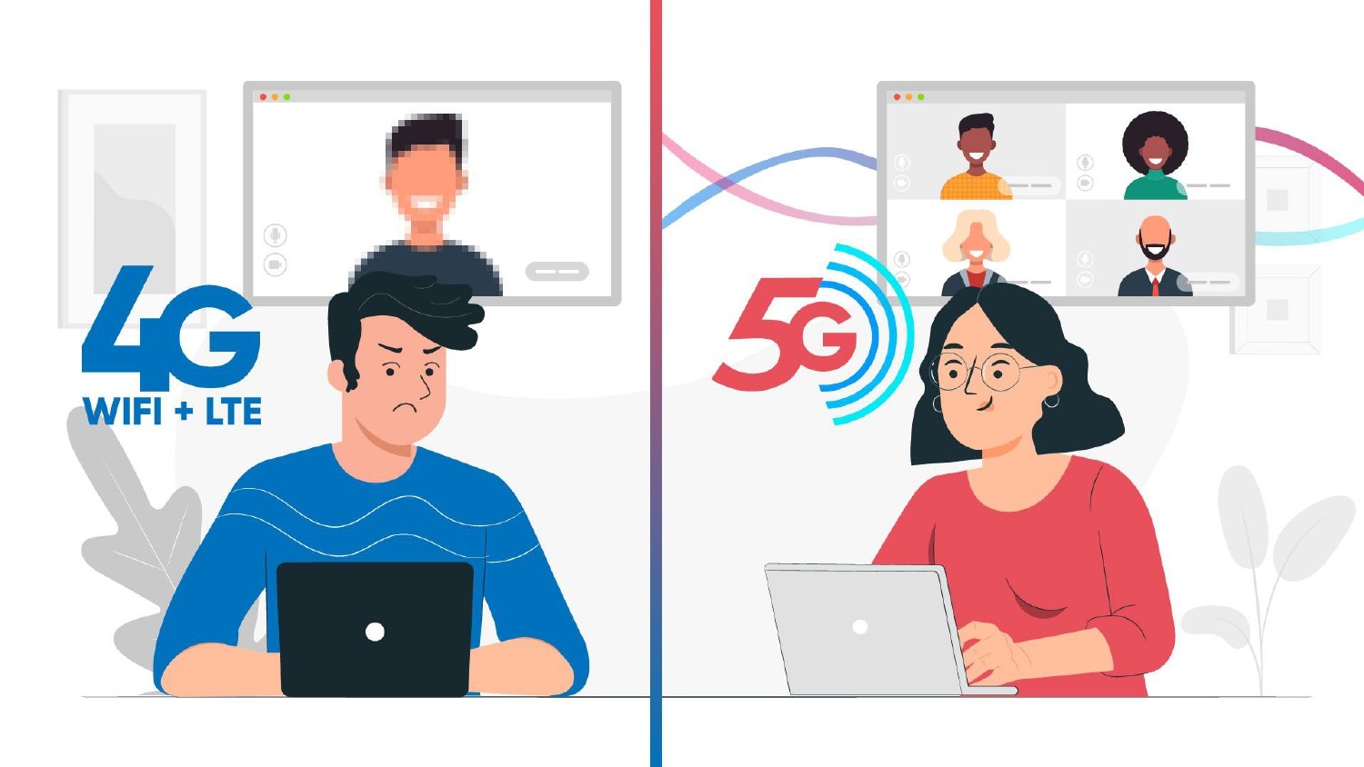 Illustrated storyboard frame: split screen comparing a frustrated 4G video caller on the left with a happy 5G group video call on the right