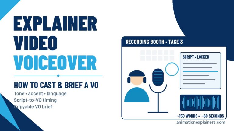 Voiceover artist recording an explainer video script in a studio booth